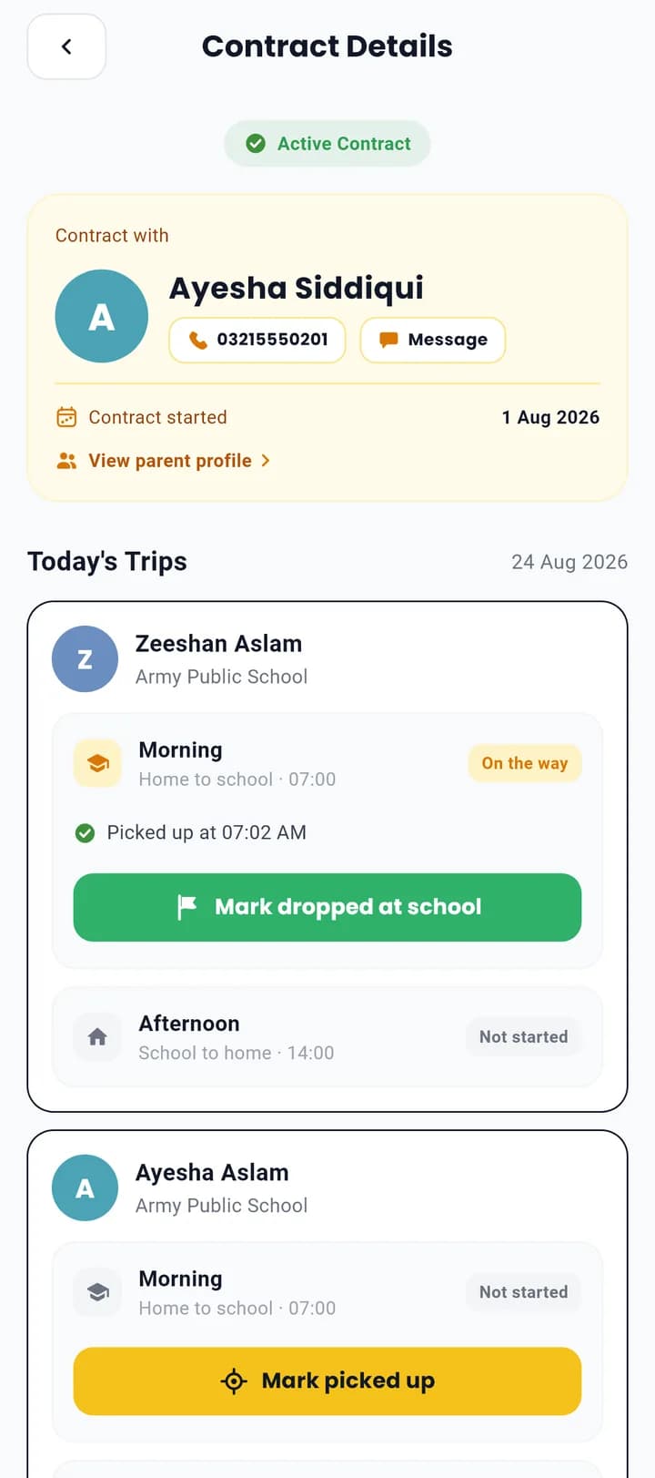 Vano driver app contract details with today's morning and afternoon legs for each child