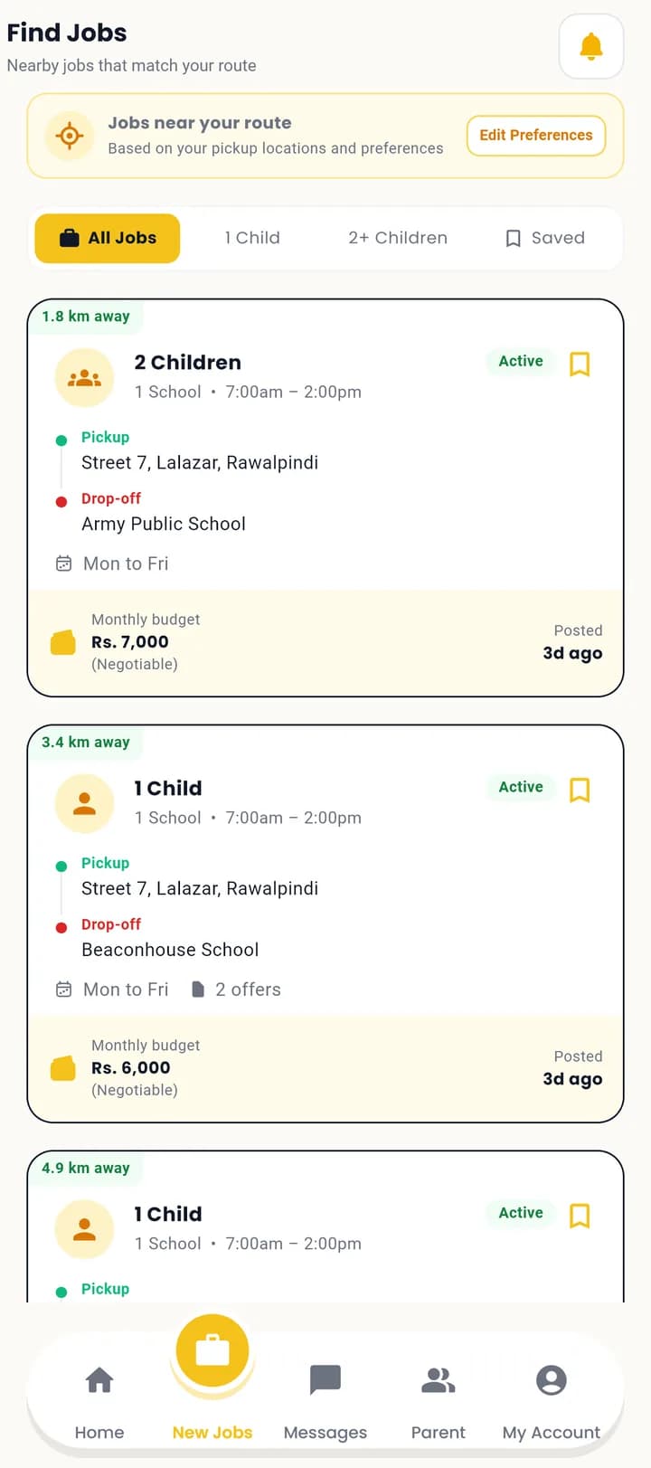Vano driver app job feed showing nearby school routes with distance, schedule and monthly budget