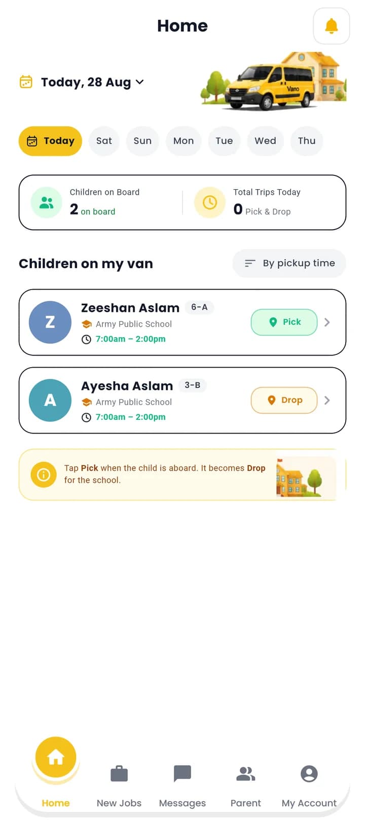 Vano driver app home screen listing today's children with a single Pick or Drop button beside each