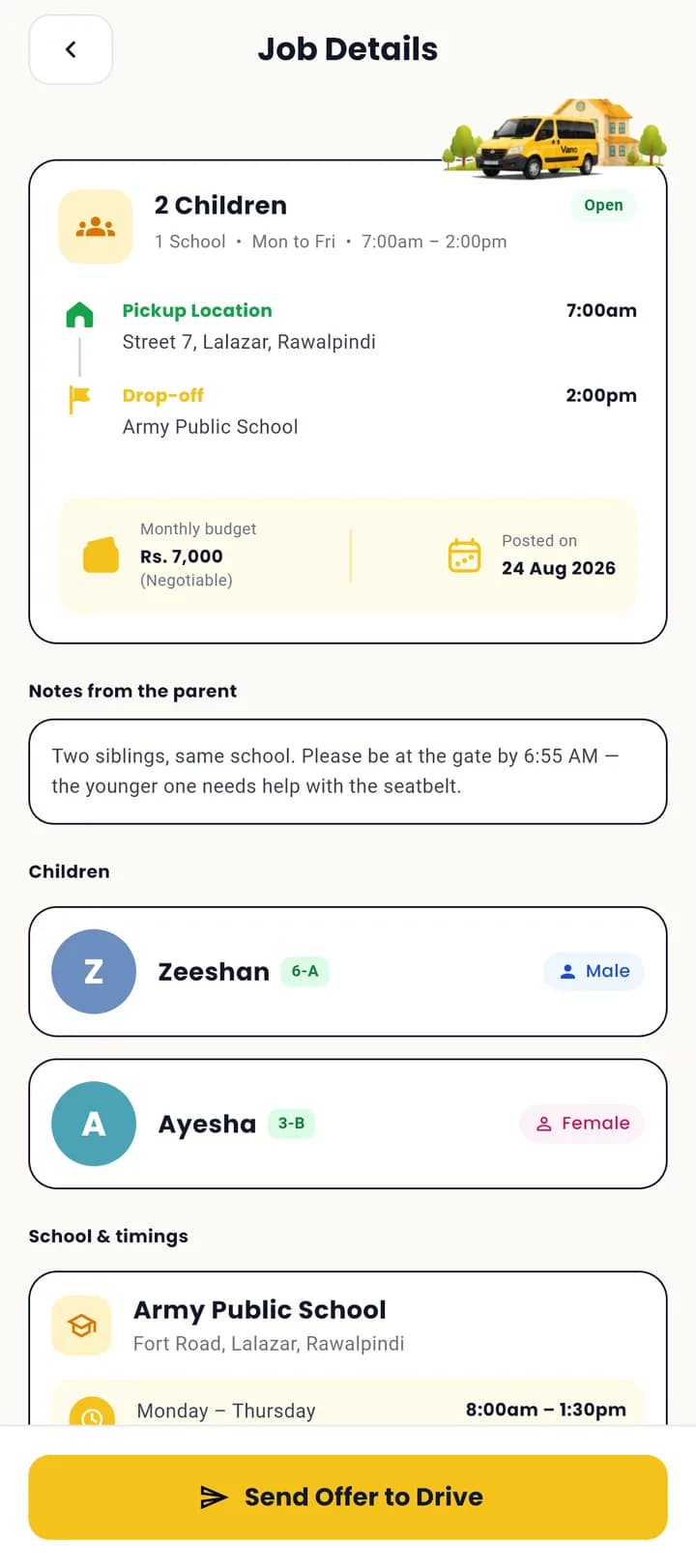 A school route in the Vano driver app, with the parent's notes, the children, school timings and a Send Offer button