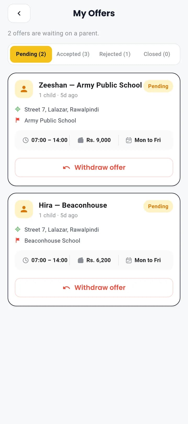 Vano driver app showing the offers this driver has sent and their status