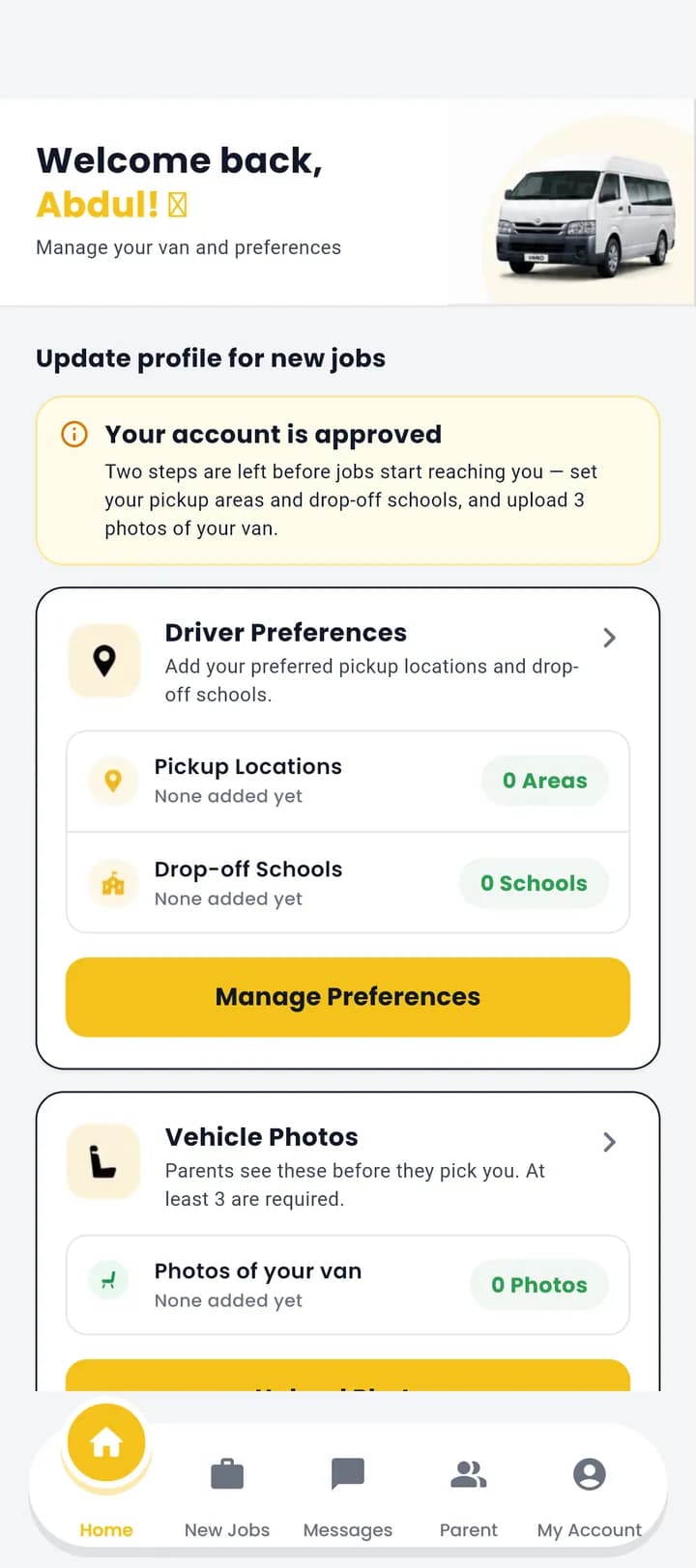 Vano driver setup screen asking for service areas and photos of the van before the job feed unlocks