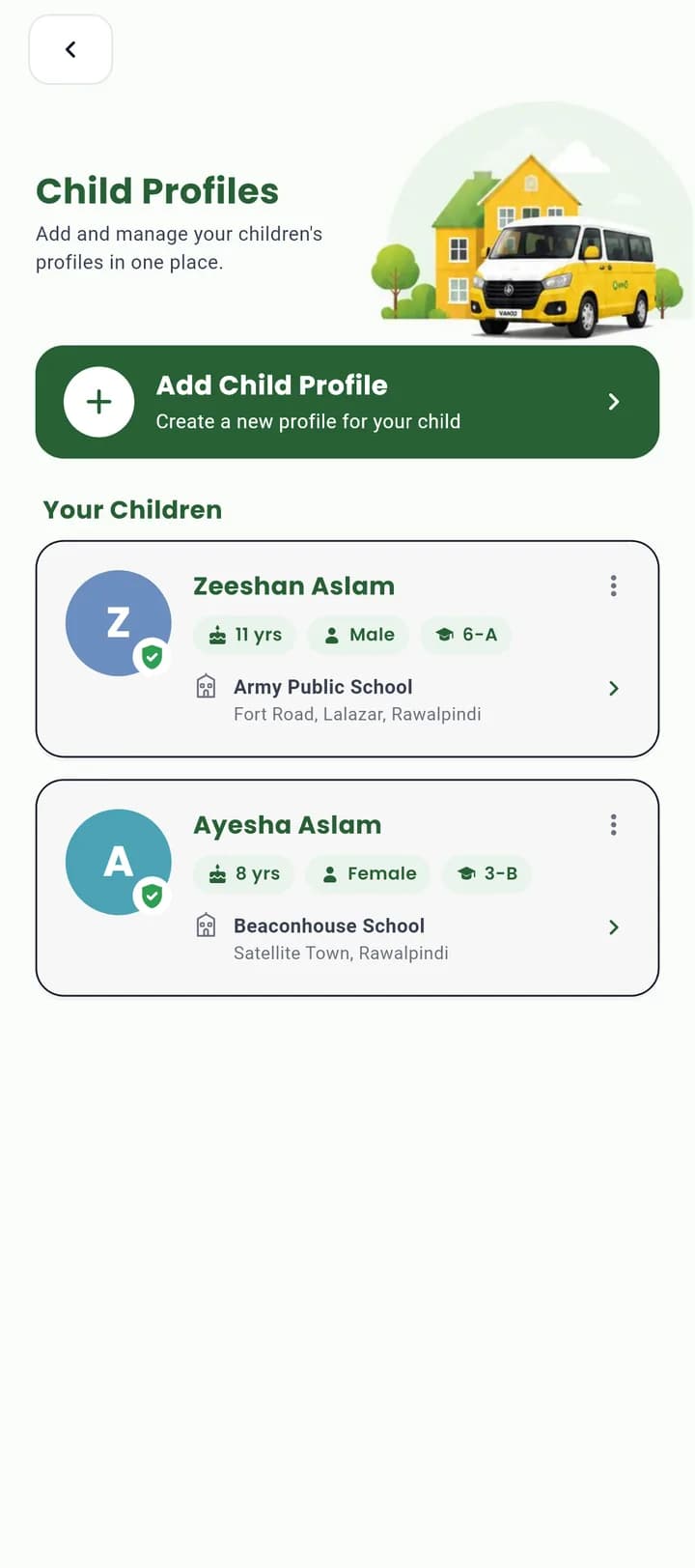 Vano parent app child profiles, each with school, class and age