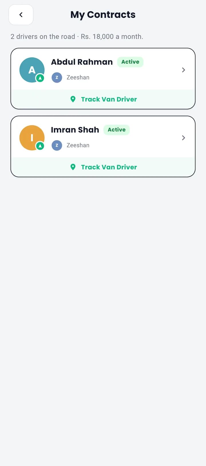 Vano parent app contracts list with an active driver for each child and a Track Van Driver button