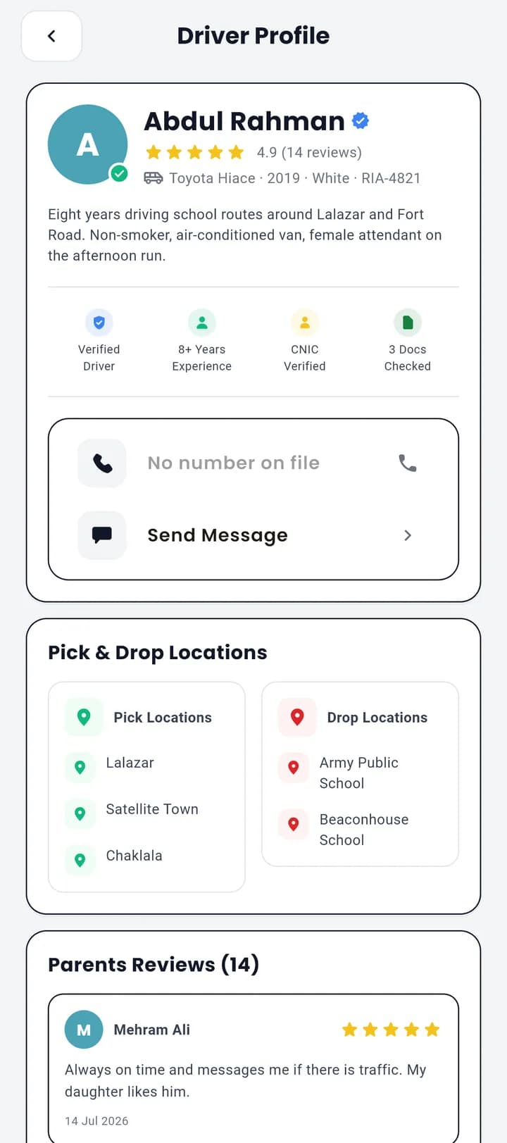 A verified Vano driver's profile showing rating, vehicle, verification badges, service areas and parent reviews