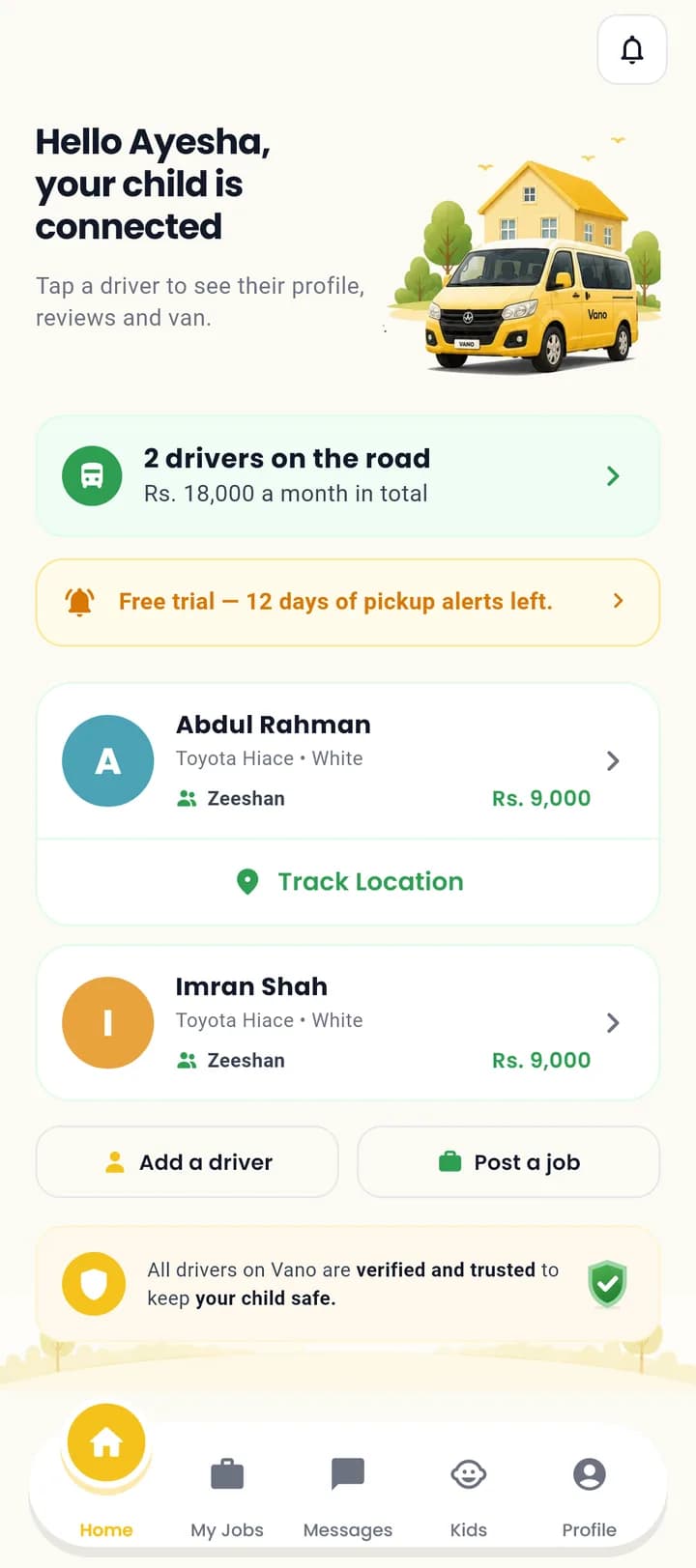 Vano parent app home screen showing two drivers on the road, the free-trial banner and each child's contract