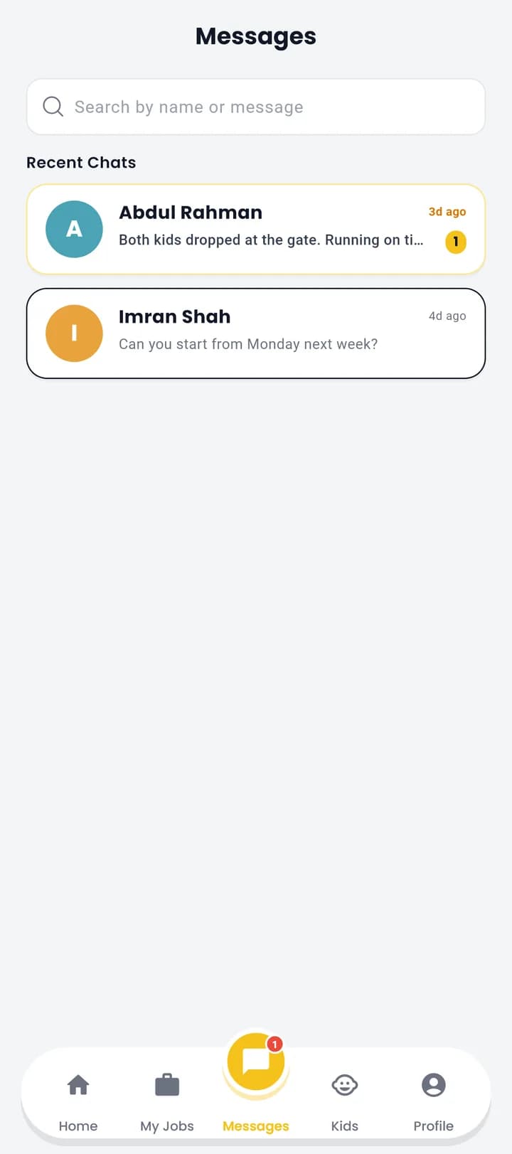Vano parent app message list with unread conversations from drivers