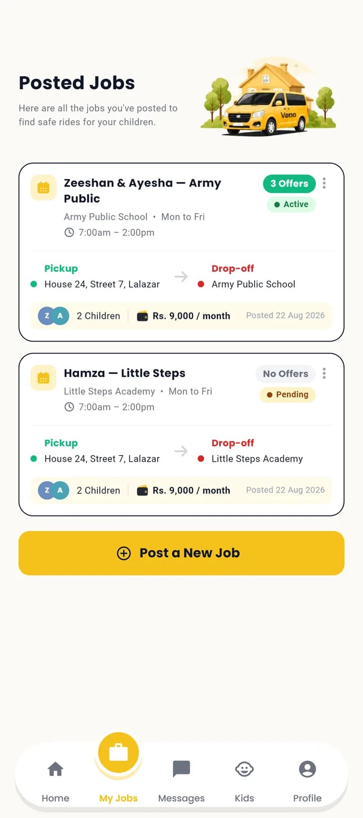 Vano parent app showing posted school routes with offer counts, pickup and drop-off points and monthly budgets