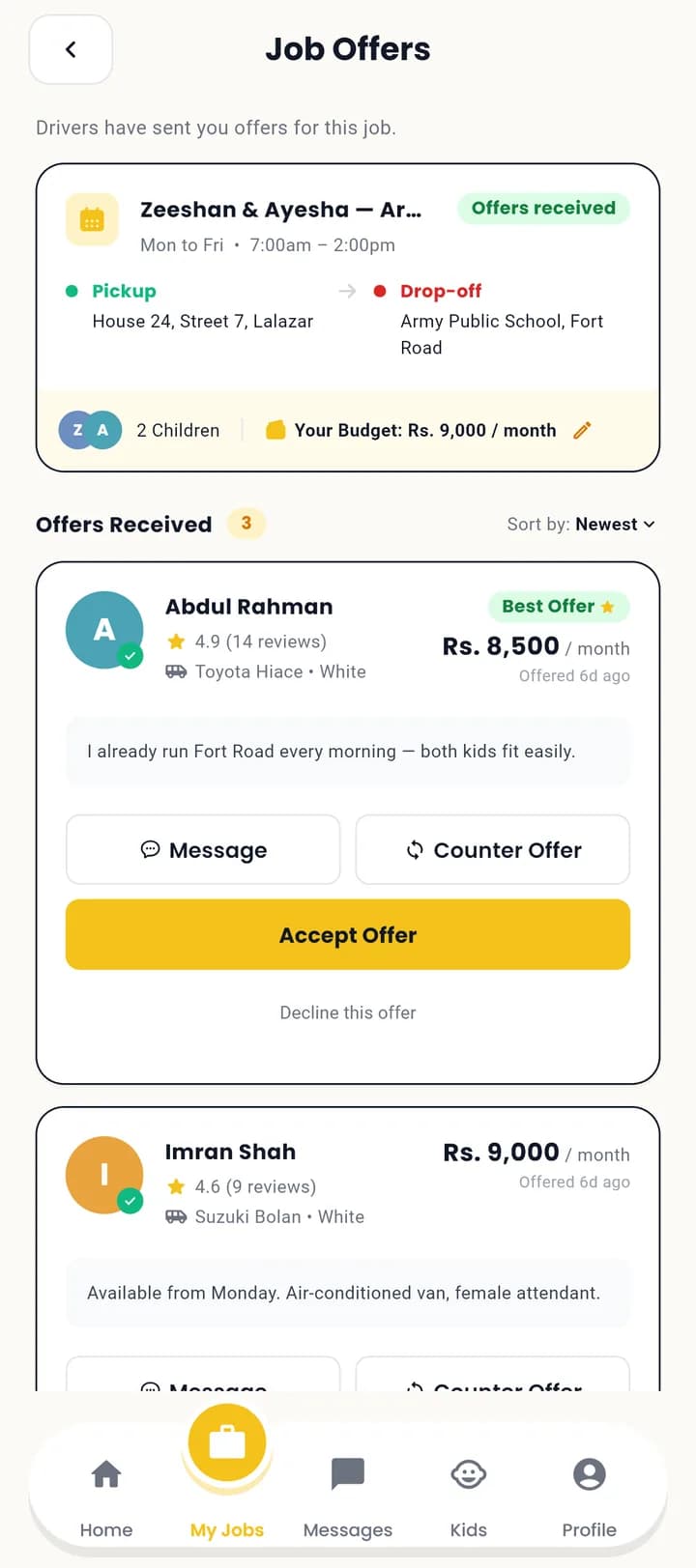Vano parent app comparing three driver offers side by side, with price, rating, vehicle and a message from each driver