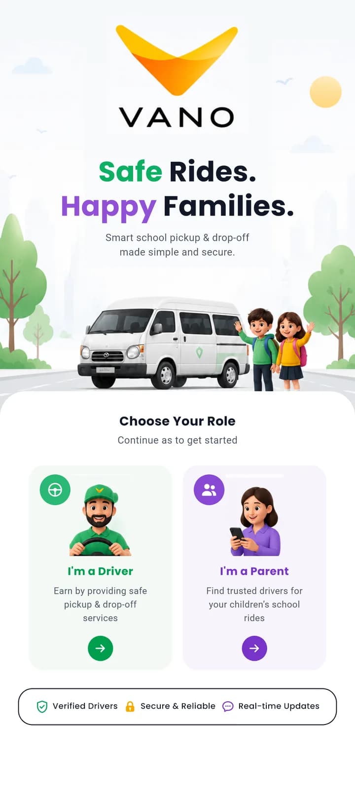 Vano app opening screen, choosing between the parent and driver side